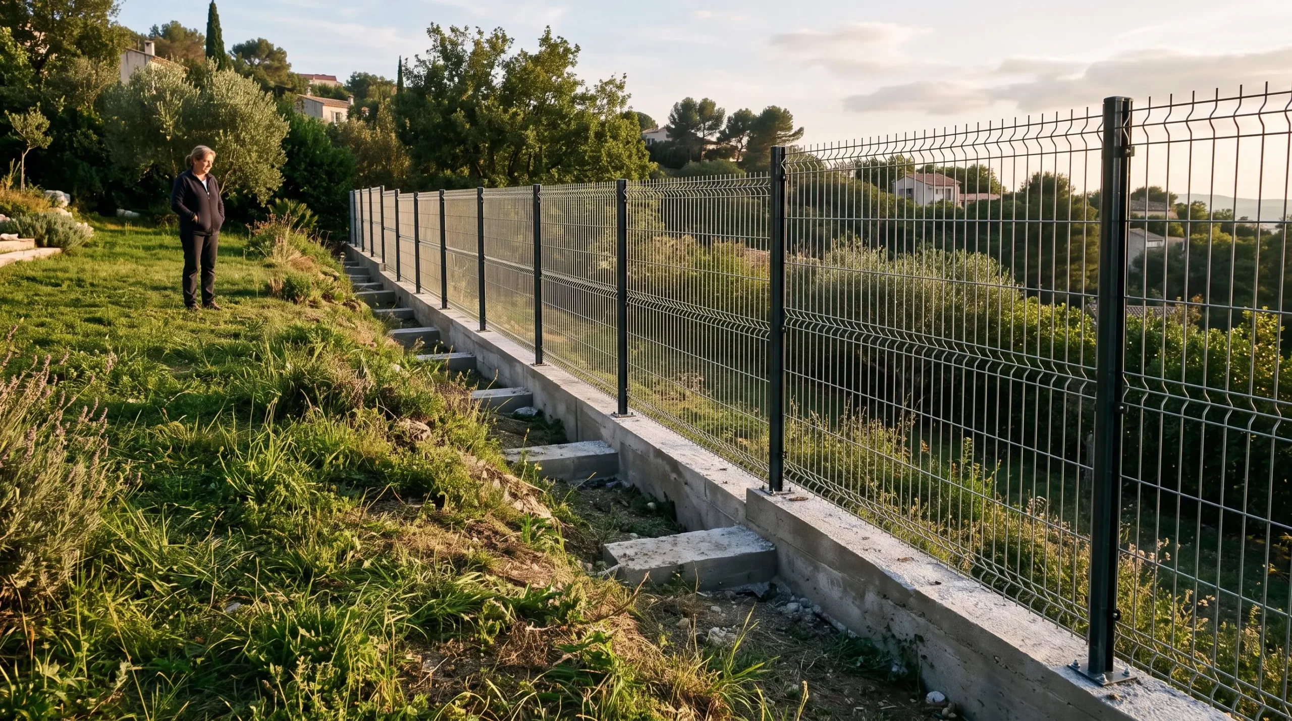 Détail d'assemblage d'un grillage rigide montrant la jonction entre poteau métallique, soubassement en béton et panneau grillagé