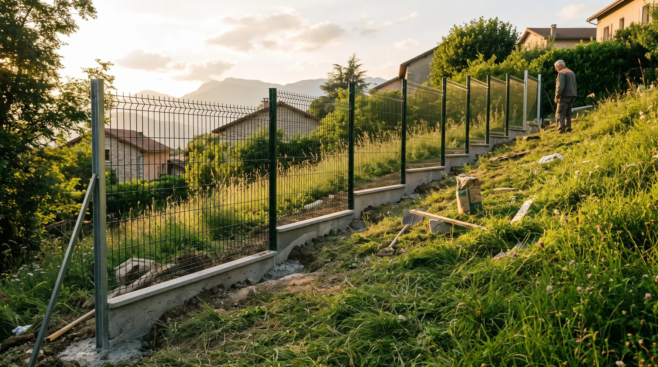 Grillage rigide avec soubassement installé en configuration escalier sur un terrain en pente dans un jardin résidentiel
