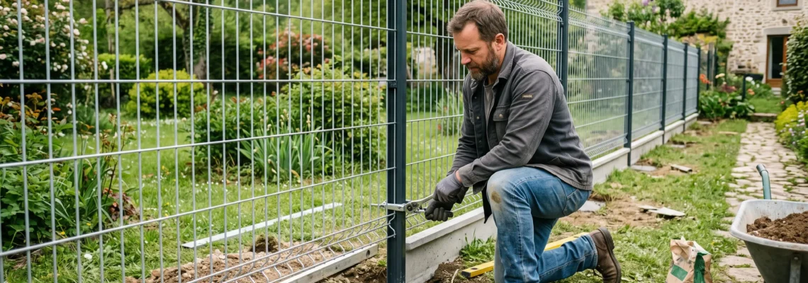 Bricoleur installant un panneau de grillage rigide sur des poteaux scellés avec soubassement en béton visible, dans un jardin résidentiel
