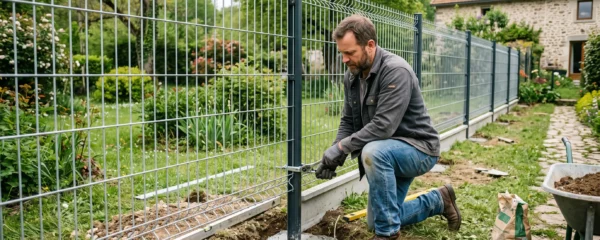 Bricoleur installant un panneau de grillage rigide sur des poteaux scellés avec soubassement en béton visible, dans un jardin résidentiel
