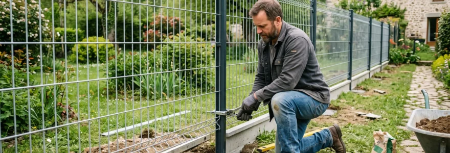 Bricoleur installant un panneau de grillage rigide sur des poteaux scellés avec soubassement en béton visible, dans un jardin résidentiel