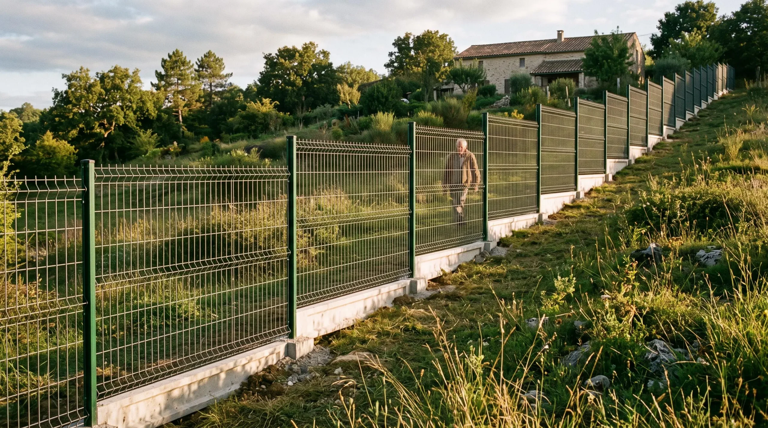Main de bricoleur vérifiant l'alignement d'un poteau de grillage avec un cordeau tendu, poteau scellé dans du béton frais